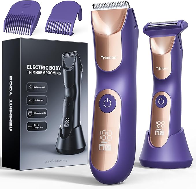 New Bikini Trimmer for Women [LED Light & Diaplay] Electric Foil Shaver for Men, Body Hair Trimmer for Face, Groin, Arm, Back, Wet/Dry Painless Groomer with Ceramic Blade,Travel Razor, Purple