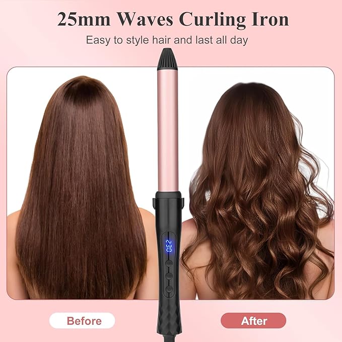 Curling Iron, 25mm Ceramic Curling Wand with Adjustable Temperature for Long & Short Hair, Professional Hair Curler with Glove, Dual Voltage
