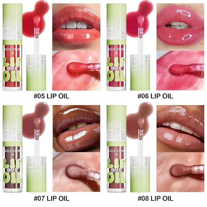 4 Pack Hydrating Glow Lip Oil Makeup Set for Women, Moisturizing Lip Gloss with Glow Finish, Long Lasting Nourishing Lip Care Fat Oil Lip Drip, Sweet Candy Scent (SET B, DARK)