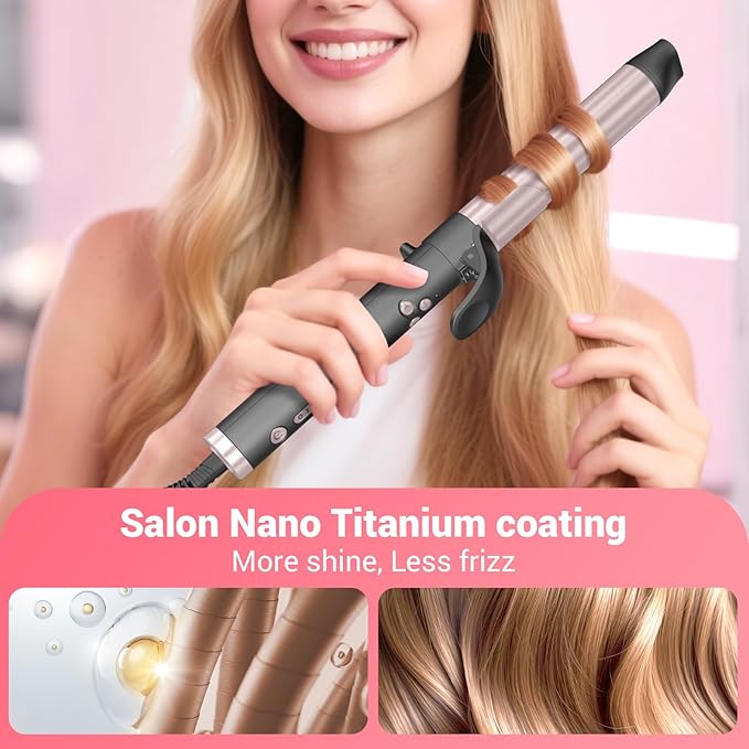 Rotating Automatic Curling Iron for Waves-Curling Wand for Long Hair, Extra Long Barrel Ceramic Hair Curler for Women,Dual Voltage, 5 Temps & 30s Heat-up (Rose Gold, 1.25 inch)