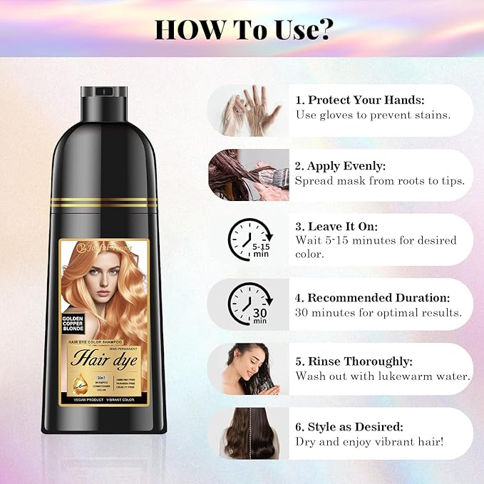 Natural Color Hair Dye Shampoo 3 IN 1, Instant Hair Coloring, Gray Coverage for Men & Women, Beard Dye Vegan Ammonia Free, Champú Para Canas Mujer & Hombre (GOLDEN COPPER BLONDE)
