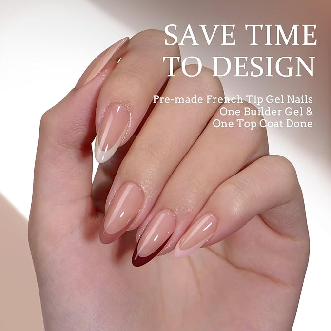 BTArtboxnails XCOATTIPS Press on Nails Almond - Skin Tones French Tip Nails, Medium Soft Gel Nail Tips with Nail Gel, French Protecting Duo, Nail Lamp, All in One Fake Nail Extension Kit