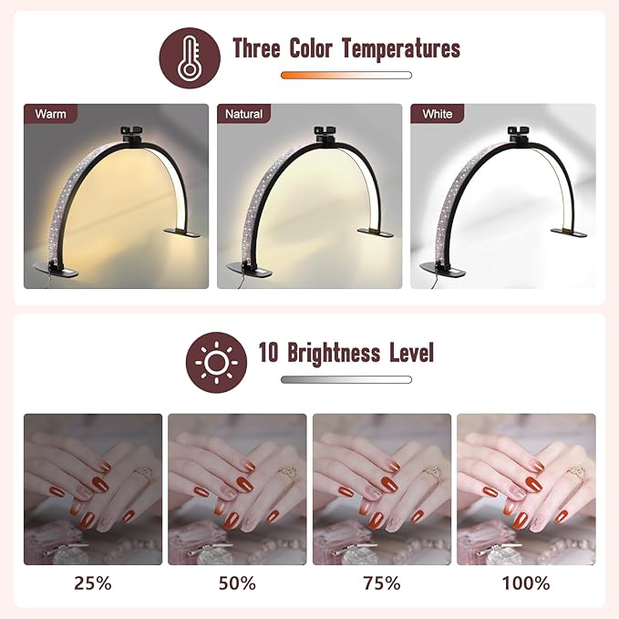 Half Moon Light for Nail Desk with Phone Holder, 29IN Folding Half-Moon Lamp with Shinning Diamond, LED Light for Manicure, Eyelash Extension, Tattooing, Skin Management, Color Temperature 3000-6500K