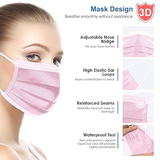 NNPCBT Pink Disposable Face Masks 125 Pack,3-Ply Breathable Mask For Adults,Great For Outdoors,Home, Office, School