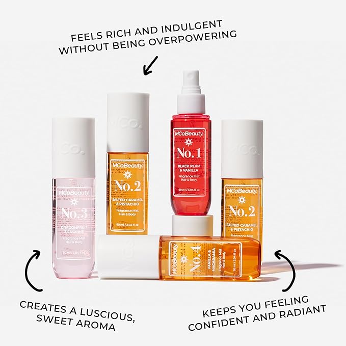 MCoBeauty - Mini Fragrance Mist Duo, No. 2 & No. 4, Limited Edition Travel-Size Body & Hair Perfume Sprays with Pistachio & Caramel Notes, Holiday Collection, Cruelty Free Fragrance Gift Set