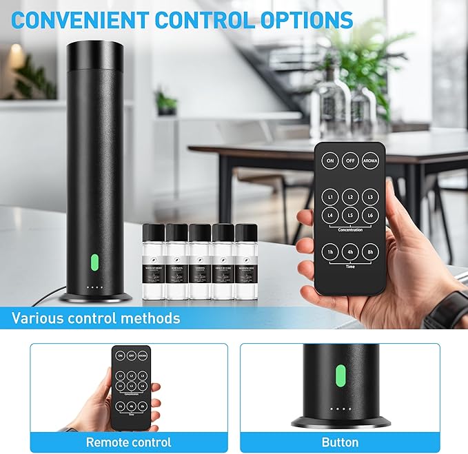 Waterless Scent Diffuser Starter Kit - 1000 Sq Ft Coverage, Hotel Scent Diffuser, Essential Oil Diffuser Large Room, Included 5 Scent Oils, Remote Control, Black, 11.30In