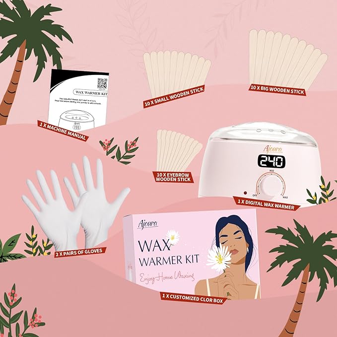 Ajoura Digital Wax Warmer, 10 minutes Quick-Heat Hair Removal Kit with Precision Temp. Control, Wax Heater including 30 Waxing Sticks & 2 Pairs of Gloves, Ideal Home & Salon Use for Whole Body