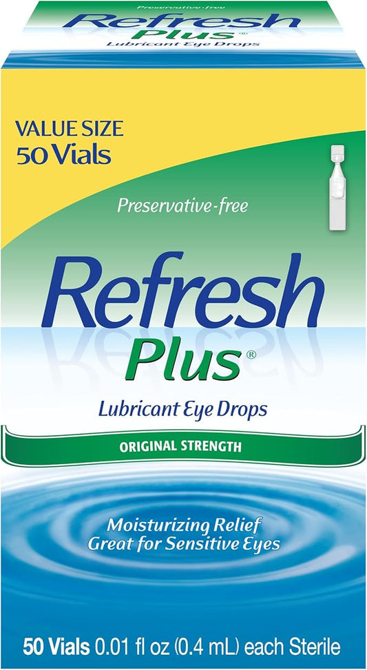 Refresh Plus Lubricant Eye Drops, Preservative-Free, 0.01 Fl Oz Single-Use Containers, 50 Count, Packaging May Vary