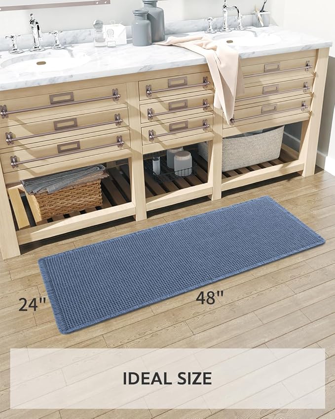 tchdio Waffle Bath Runner Rug, Super Absorbent Non Slip Bath Mats for Bathroom Machine Washable Long Rugs with Tassels, Bath Rugs for Bathroom Floor Beside Tub, 2' x 4'(24" x 48"), Blue