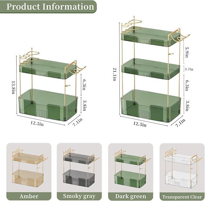 YCIA&DONE Luxury Bathroom Counter Organizer, Large Makeup Organizer Countertop, Shelf Organizer, Vanity Tray, Easily Assemble for Bathroom Organizers and Storage, Undersink, Cabinet, 2 Tiers Green