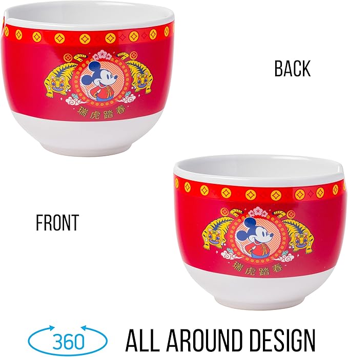 Silver Buffalo Disney Mickey Mouse Lunar Chinese New Year Tiger Ceramic Ramen Noodle Rice Bowl with Chopsticks, Microwave Safe, 20 Ounces