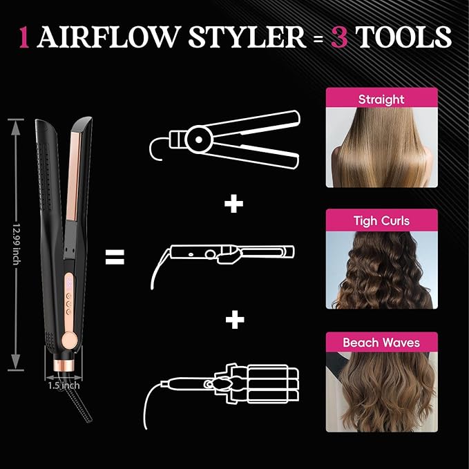 SKIMI Airflow Styler, Titanium Flat Iron Hair Straightener, Professional Curling Iron with Cooling Air Vents to Lock in Style, 5 Temps & Dual Voltage, Auto Off (Black & Champagne Gold).