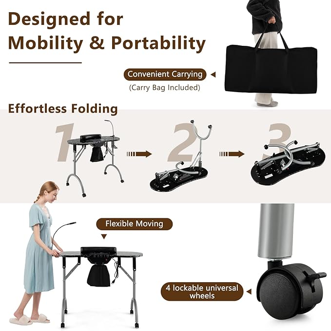 S AFSTAR Portable Nail Table, 35" Foldable Manicure Table with Electric Dust Collector, Bendable LED Lamp, Carry Bag & 4 Lockable Wheels, Professional Nail Desk Nails Salon Station (Black)