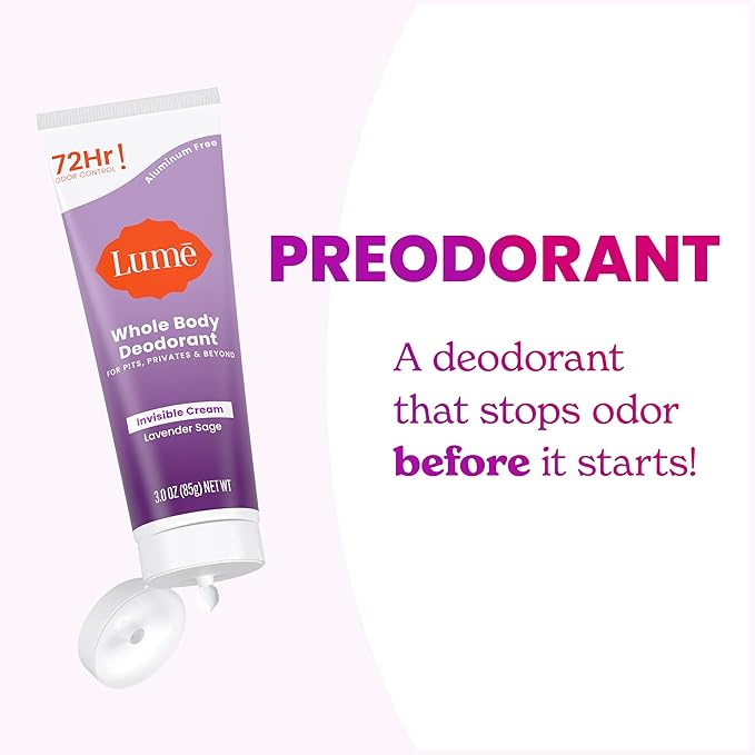 Lume Whole Body Deodorant - Invisible Cream Tube - 72 Hour Odor Control - Aluminum Free, Baking Soda Free, Skin Safe - 3.0 ounce (Pack of 2) (Lavender Sage)