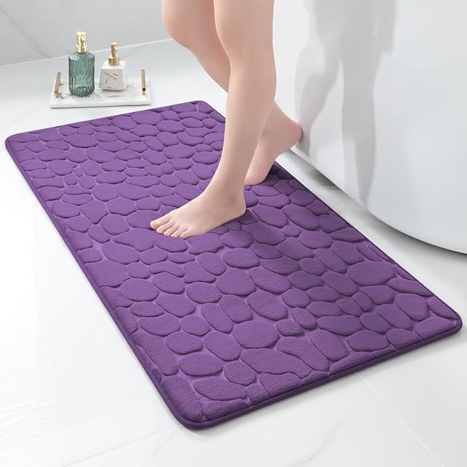 YIHOUSE Memory Foam Runner Rug, Cobblestone Bathroom Runner Rugs Super Water Absorbent Bath Mats for Bathroom Machine Washable Bath Rugs for Hallway Bedroom Laundry Room(24 x 47,Eggplant)