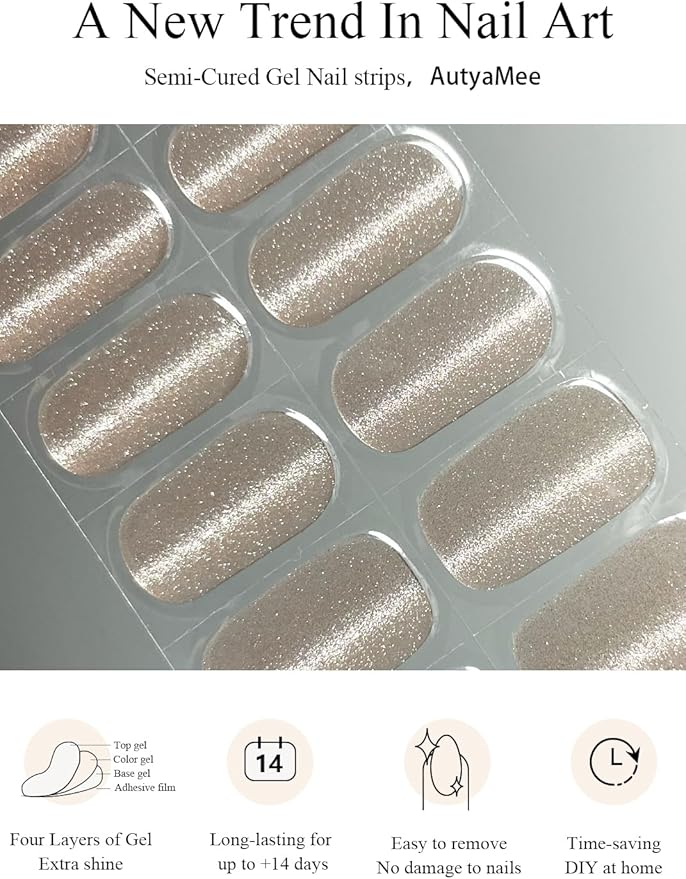 Semi Cured Gel Nail Strips (Cream Cat Eye), Clear, 20 Pcs Gel Nail Wraps, Stickers, Salon Quality, Works With Any UV Lamps