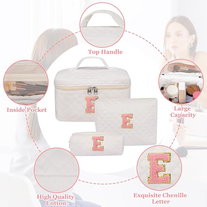 Initial Makeup Bag, Personalized Monogram Cosmetic Bag Set, Large Make up Bags | Travel Toiletry Bag | Makeup Bag for Girls Teen Girl Friend Sister Wife Girlfriend Gifts Daughter (Letter E)