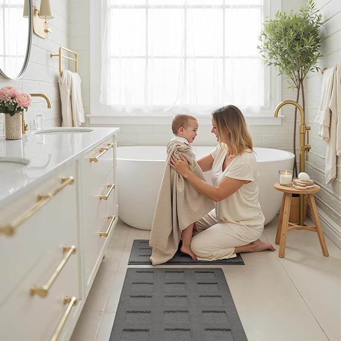 GRANNY SAYS Bathroom Rugs Sets 2 Piece, Super Soft Absorbent Microfiber Bath Mats for Bathroom Non Slip Washable,Waffle Bath Rugs Set for Shower Tub Toilet Decor (Deep Grey, 16" x 24" + 20" x 32")