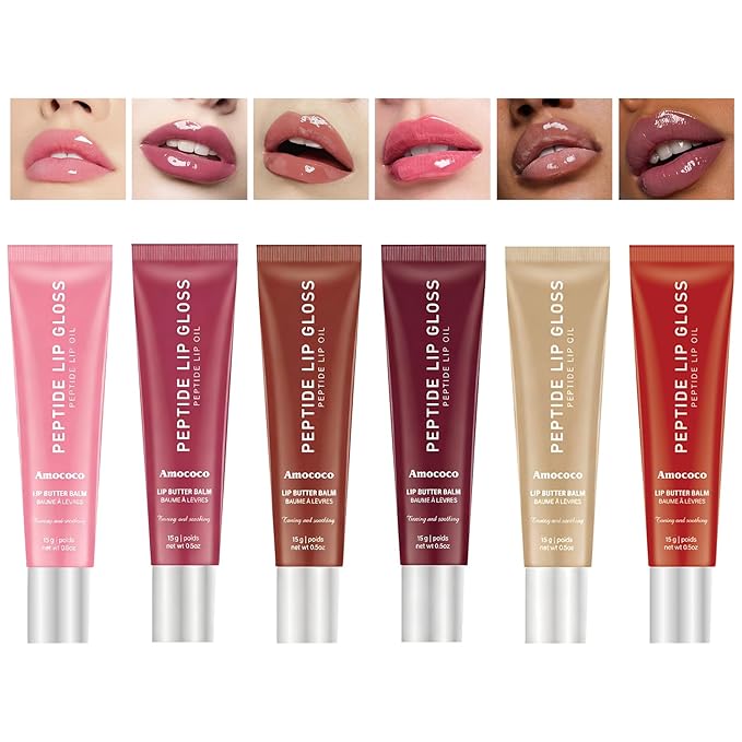 Peptide Lip Gloss Balm for Moisture & Shine, Hydrating Lip Butter Balm with Hyaluronic Acid & Shea Butter, 0.5oz (06# & 05#)