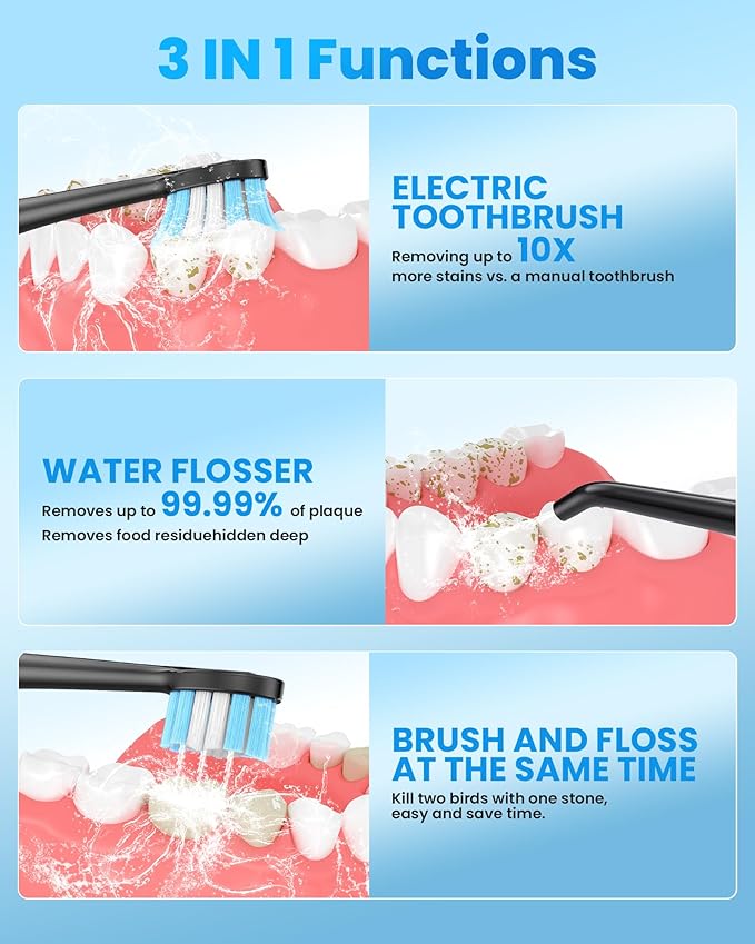 Electric Toothbrush with Water flosser, 3 in 1 Teeth Cleaning Kit with 7 Modes, Electric Toothbrush and flosser Combofor Adults, Water Flosser Portable for Travel and Home (Black)