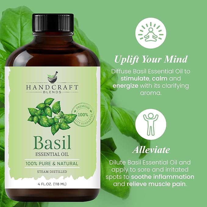 Handcraft Blends Basil Essential Oil – Huge 4 Fl Oz – 100% Pure and Natural – Premium Grade Essential Oil for Diffuser and Aromatherapy, Skin, Massage, Candle and Soap Making Fragrance