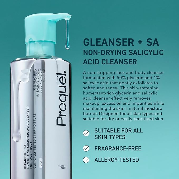 Prequel Skin Gleanser SA, Moisturizing Glycerin Face Wash,1% Salicylic Acid Face Cleanser, Unscented and Combination Skin Face Soap, 13.5 ounce (each) Pump Bottles - 6.75 fluid ounce (Pack of 2)