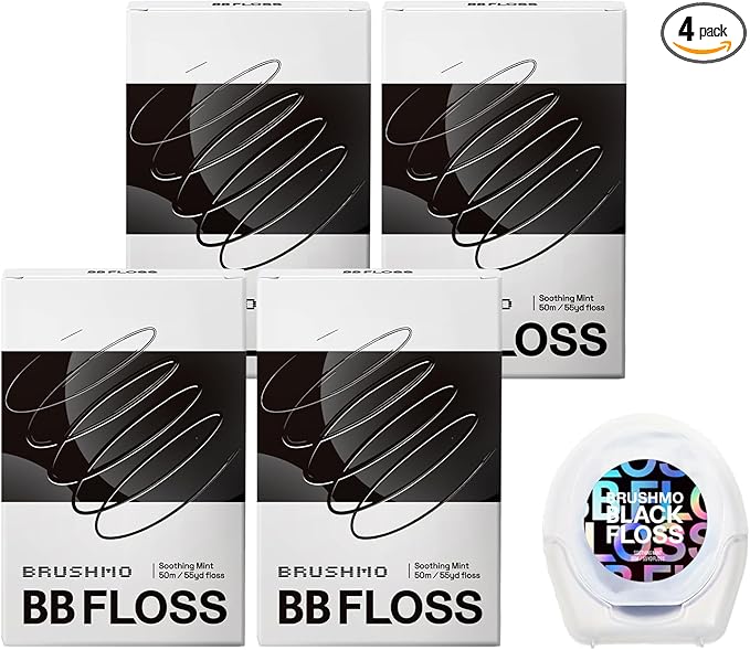 Brushmo Black Floss (BBFloss) - Expanding Floss, Gum-Friendly Soothing Mint Dental Floss, Natural Vegan Wax to Remove Plaque from Teeth, Dentist Designed PTFE & PFAS Free Oral Care, 4 Spools, 220 yd