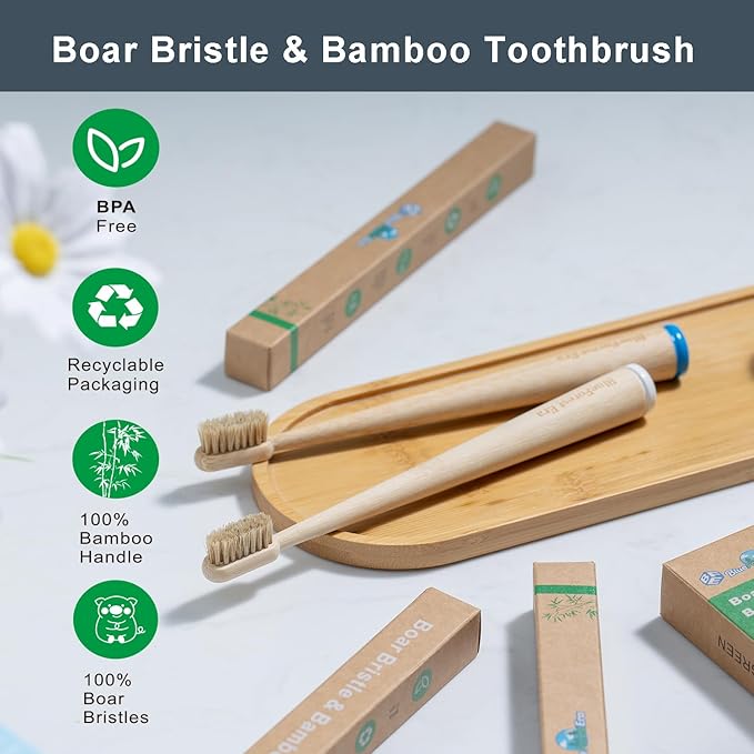 4 Pack Boar Bristles & Bamboo Toothbrush, Premium Natural Boar Bristle Toothbrushes for Adult, Plastic & Nylon Free, Fully Biodegradable Compostable Bamboo Tooth Brushes