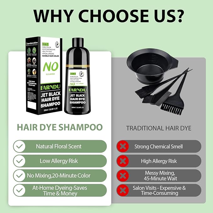FARNDU Jet Black Hair Dye Shampoo for Women & Men, 3 in 1 Natural Herbal Color Shampoo for 100% Gray Coverage, Ammonia & Paraben Free (500ml)