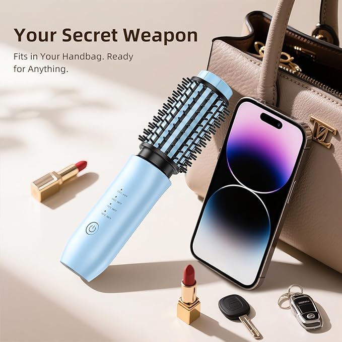 CARESKY® Cordless Curling Iron Brush, 1.5 Inch Mini Travel Hair Curler with 200 Million Negative Ions, Portable Heated Round Straightener Brush Rechargeable for Curl, Touch-Up, De-Frizz, Styling
