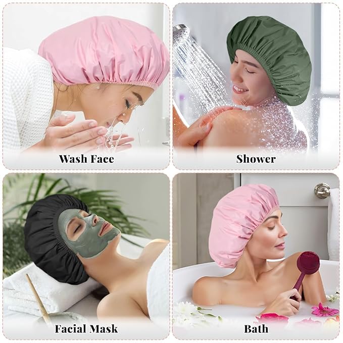 Reusable Shower Cap for Women, 3Pcs Hair Cap for Shower, Waterproof Shower Cap with Elastic Band for Long, Thick or Curly Hair