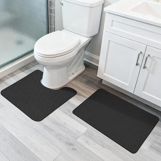 Bathroom Rugs Set 2 Pieces,Thin Bathroom Mats,Toilet Rugs,Quick Dry,Non-Slip,Machine Washable,Low Pile,Absorbent Bath Mats,Shower,Sink,Home Decor Accessories.Black,1'5"x2'3"+1'8"x2" U Shape
