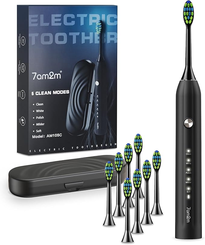 7AM2M Sonic Electric Toothbrush for Adults and Kids, with 8 Brush Heads and Travel Case,5 Modes with 2 Minutes Built in Smart Timer, One Charge Use for 90 Days, Rechargeable Toothbrushes(Black)