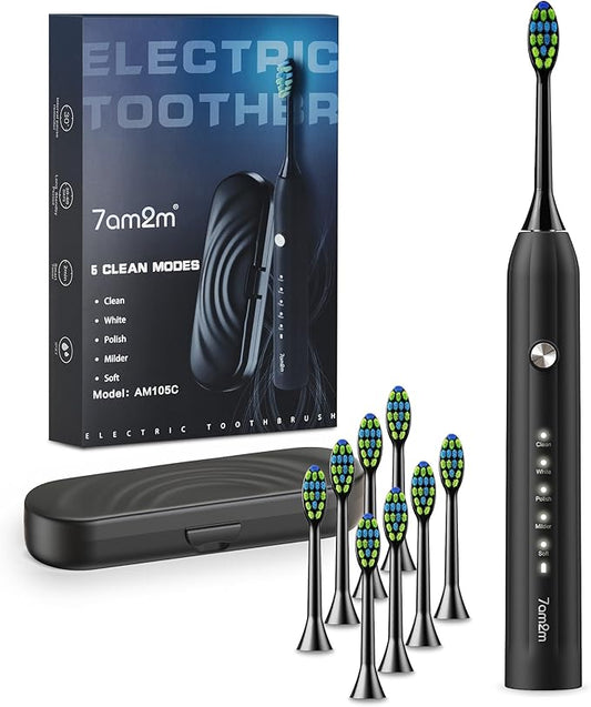 7AM2M Sonic Electric Toothbrush for Adults and Kids, with 8 Brush Heads and Travel Case,5 Modes with 2 Minutes Built in Smart Timer, One Charge Use for 90 Days, Rechargeable Toothbrushes(Black)
