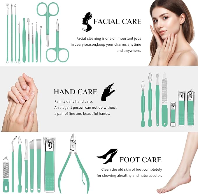 Manicure Set Professional Nail Clipper Kit-26 Pieces Stainless Steel Manicure Kit,Nail Care Tools with Luxurious Travel Case (Green)