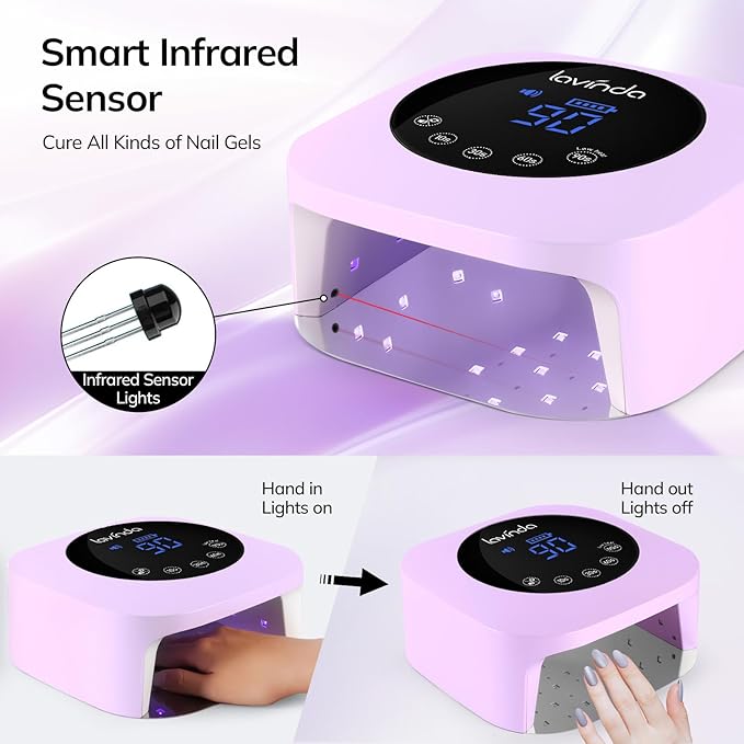 Lavinda LED Nail Lamp 54W Rechargeable Cordless UV Nail Light, Professional Gel Nail Lamp with Timer Display, Fast Drying UV Lamp for Gel Nails, Matte Macaron Purple Nail Dryer for Salon & Home