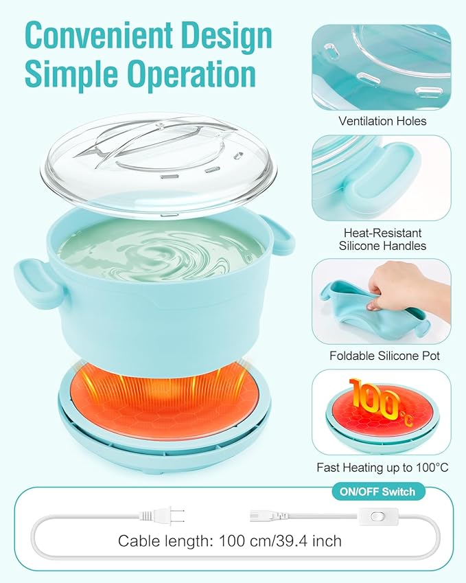 Waxing Kit, Foldable Wax Warmer with 4 Packs Hard Wax Beads, Silicone Wax Pot Machine for Full Body, Face, Eyebrows, Legs, Bikini, At Home Hair Removal Kit with 15 Accessories for Women Men, Green