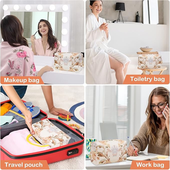 Floral Waterproof Makeup Bag, Leather Cosmetic Bag with Compartments, Zipper Make up Pouch Organizer, Portable Storage Travel Toiletry Bag Gifts for Women Girls(Rose Red Flower)