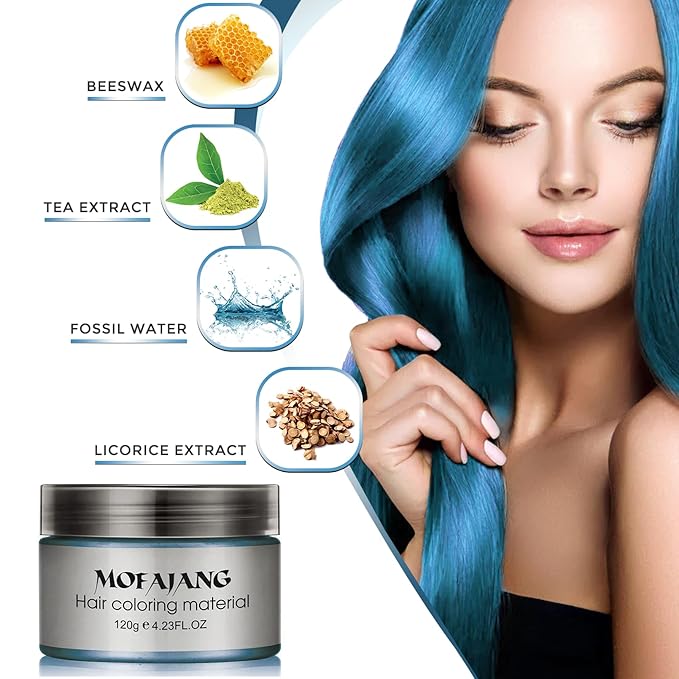 Blue Temporary Hair Color Wax - SOVONCARE Washable Hair Dye for Men & Women, All-Day Hold Disposable Hair Styling Clays for Party, Cosplay & Daily 4.23 oz