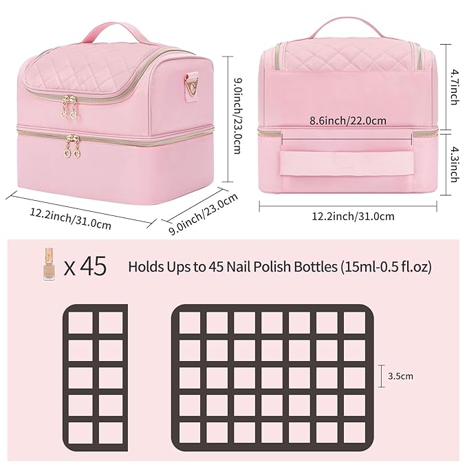 Nail Polish Organizer Case, Nail Supplies Storage Box Holds Nail Polish Bottles & Nail Lamp, Travel Nail Tech Carrying Case, Nail Kit Bag For Nail Stuff & Manicure Tools (Pink, 45 Slots)