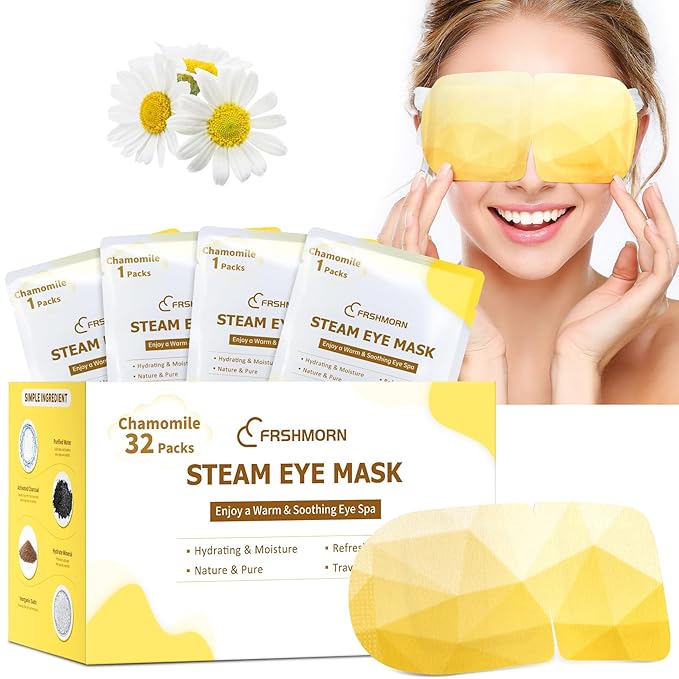 32 Packs Steam Eye Mask, Heated Eye Mask for Sleeping, Warm Compress for Eyes, Self Heating Disposal Steam Mask for Home Sleep, Office, Spa, Travel Essentials Stocking Stuffers (Chamomile)