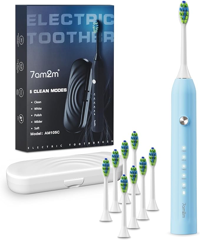 7AM2M Sonic Electric Toothbrush for Adults and Kids, with 8 Brush Heads and Travel Case,5 Modes with 2 Minutes Built in Smart Timer, One Charge Use for 90 Days, Rechargeable Toothbrushes (Light Blue)