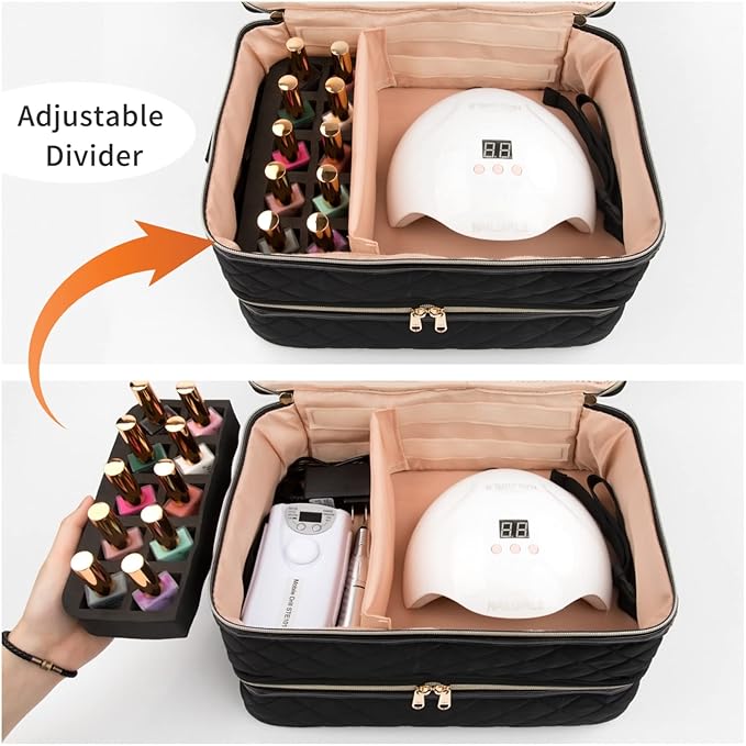 Ethereal Nail Polish Organizer Case Holds 50+ Bottles(15ml/0.5fl.oz) and Nail Lamp, Double Layer Nail Polish Storage Bag for Nail Kit, Manicure Tools, Black