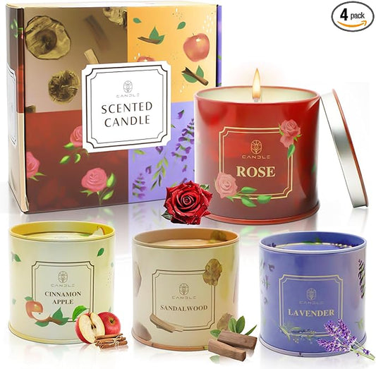 Scented Candles 4 Pack Soy Wax Long Lasting Rose Lavender Sandalwood Apple Fragrance Gifts for Women Christmas Gifts Thanksgiving Day