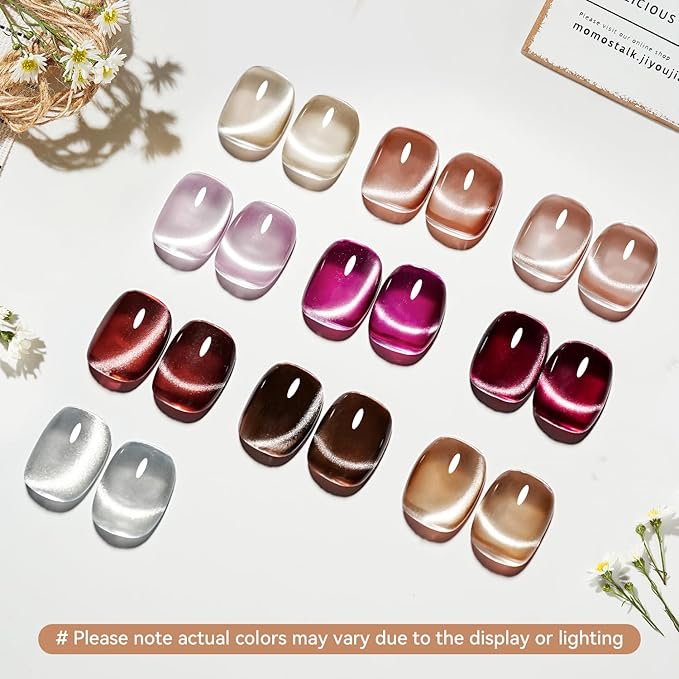 JODSONE Cat Eye Gel Nail Polish Set Pink Rose Red Sliver Collection 10 Colors Holographic Sparkle Cat Eye with Base Coat Top Coat Magnet DIY Nail Art Gift