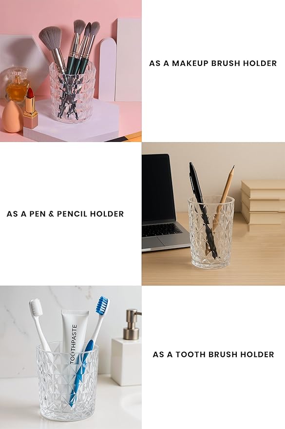 Clear Acrylic Makeup Brush Holder | Multpurpose Acrylic makeup Organizer Countertop, Clear Toothbrush Holder & Plastic Pencil Cup for Desk | Make Up Brush Holder for Vanity | Vanity Desk Accessories