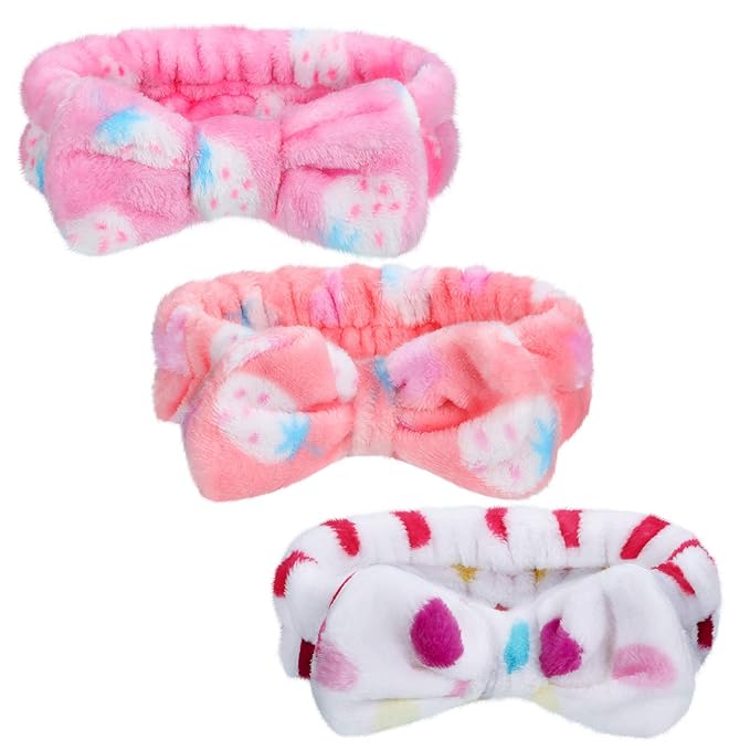 3 Pcs Towel Headbands for Women Headband for Washing Face Facial Hair Band Skincare Microfiber Bowtie Headband Makeup Terry Cloth Headbands Spa Shower Hair Band for Women Girls (Bright Patterns)