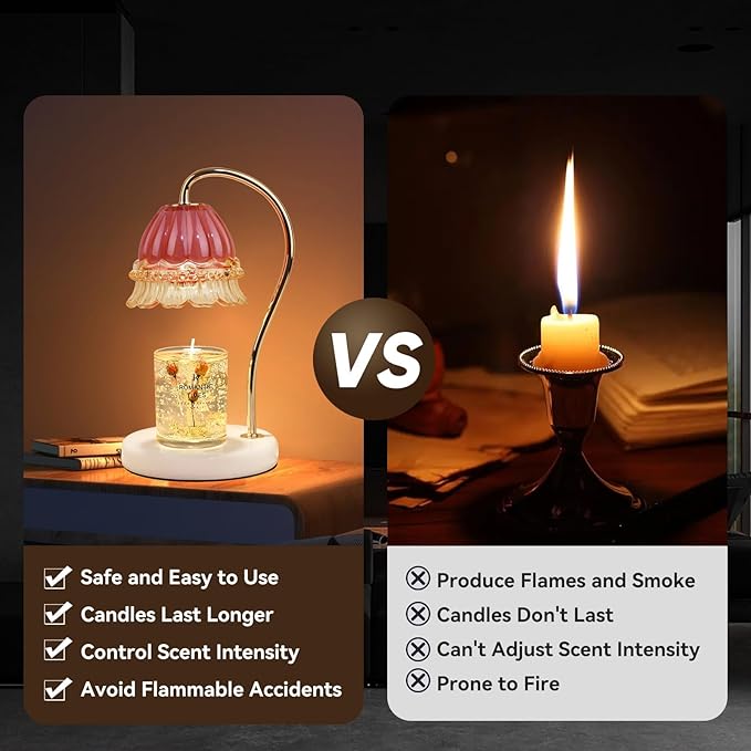 Candle Warmer Lamp with Timer,Gifts for Mom,Marble Base and Glass lampshade,a Beautiful Flower Candle Lamp with 2 Bulbs Candle Jar Light