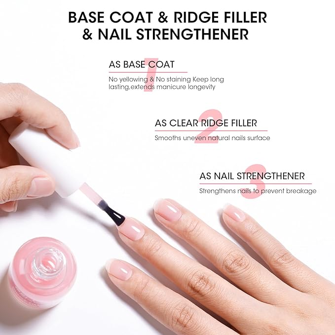 Gellen Tinted Pink Ridge Filler For Nails, Clear Nail Polish Ridge Filling Base Coat, Nail Strengthener and Growth, Hydrates Strengthenes Nourishes Damaged Dry Nails, Shea Butter & Vitamin E & Protein