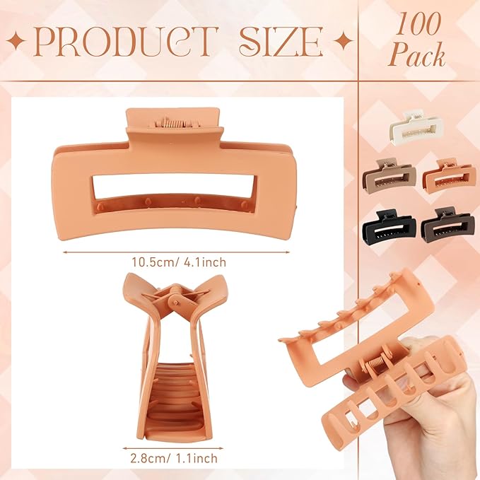 XunYee 100 Pcs Hair Claw Clips Bulk Large Square Jaw Headwear Clips Set for Women Nonslip Rectangle Hair Accessories Clip for Girl Women Gifts Beauty(4.1'',Classic Colors)